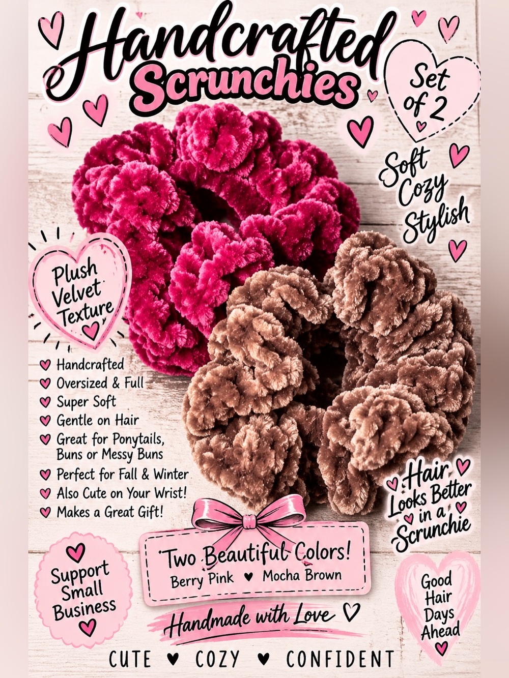 Handcrafted Plush Velvet Scrunchies Set of 2 Pink & Mocha Brown